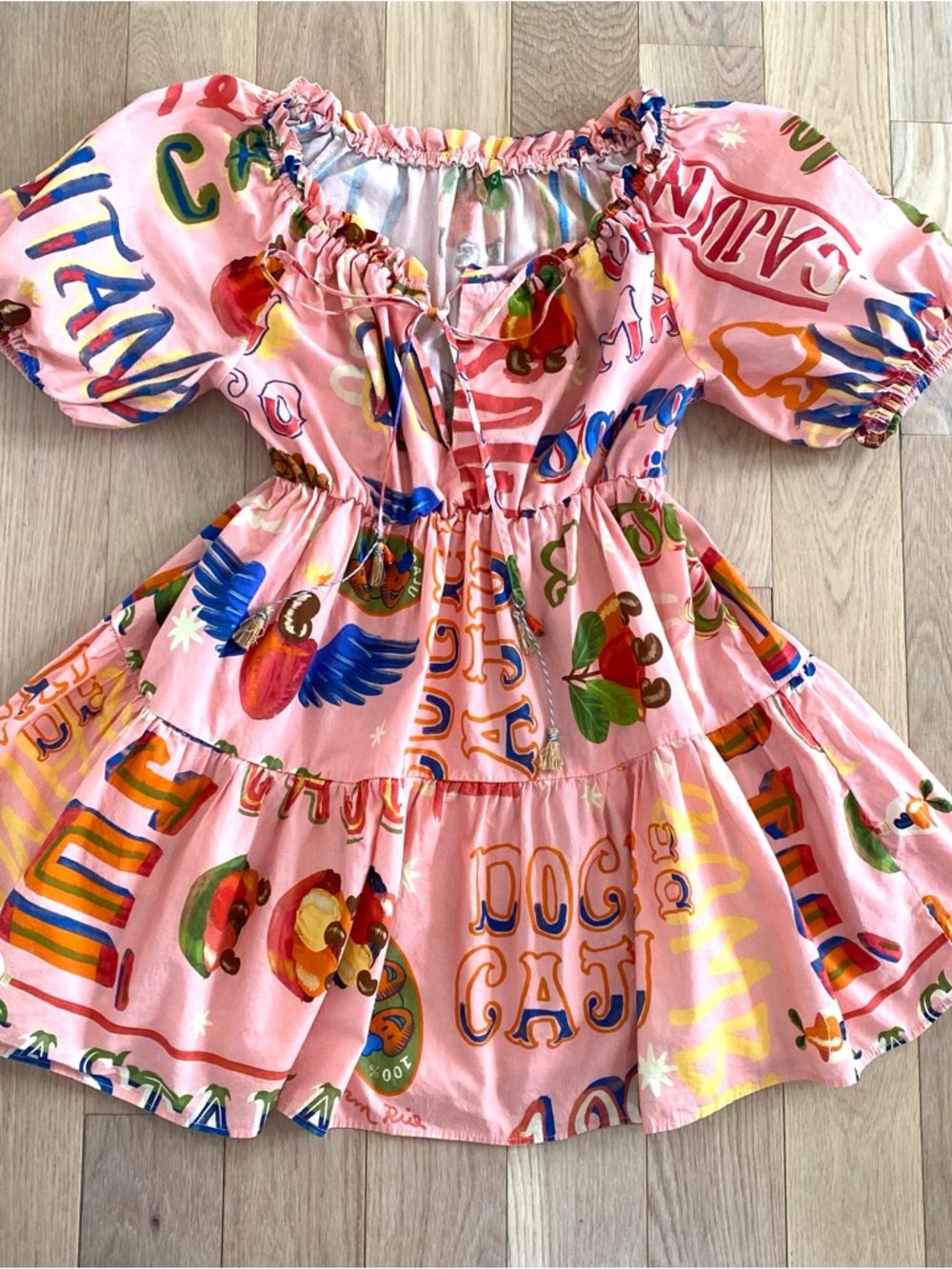 Farm Rio Puff Sleeve Juice Print Mini Dress Fruits Vegetables